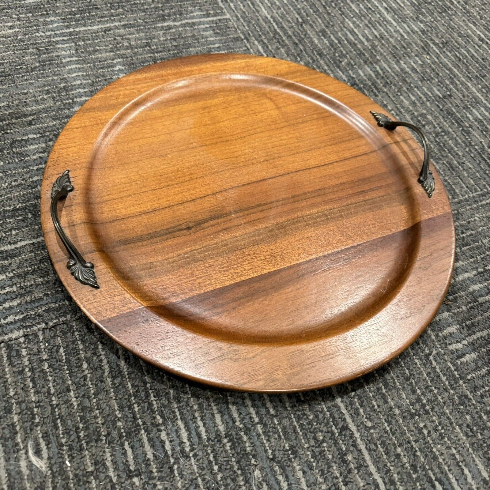 Ozark Walnutware Round Walnut Tray with Brass Handles 14.25” Diameter Vintage?