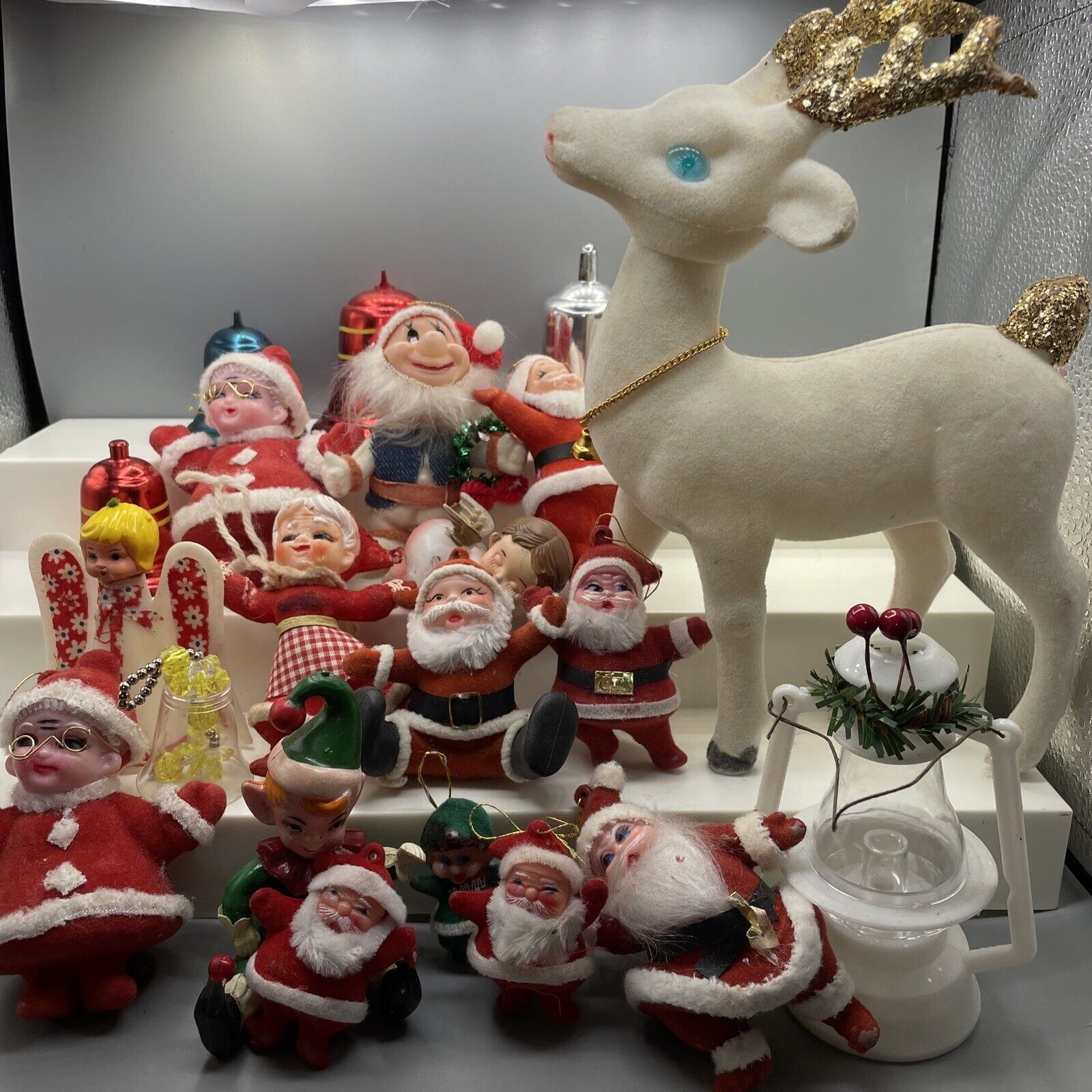 Vintage Kitschy Christmas Ornament Lot Santa Bell Angel Elf Deer Lantern Flocked