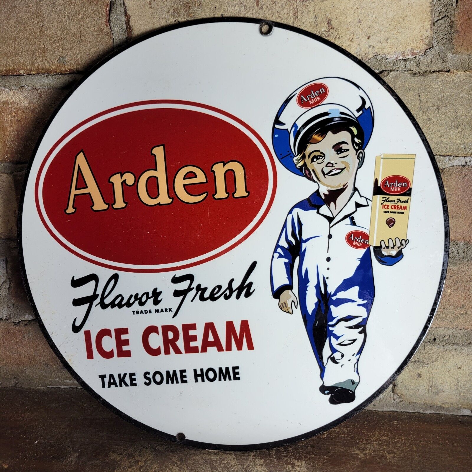 OLD VINTAGE ARDEN HEAVY METAL PORCELAIN ADVERTISING SIGN ICE CREAM ADVERTISE 12\