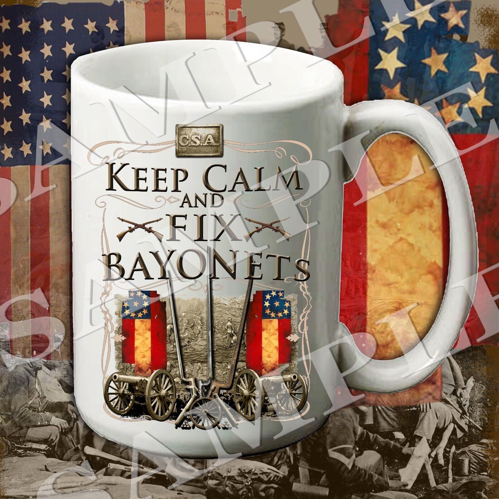 Keep Calm and Fix Bayonets CSA 15-ounce American Civil War themed coffee mug
