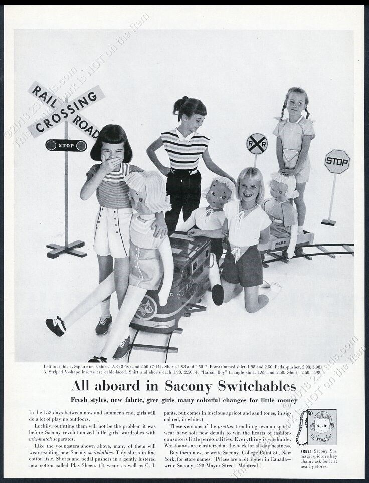 1957 Doepke Super Yardbird train set photo Sacony kid\'s clothes vintage print ad