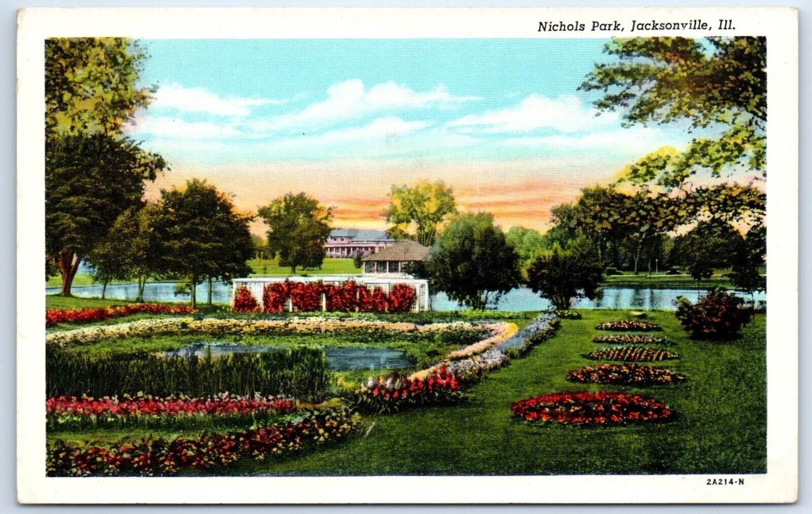 Nichols Park Jacksonville Illinois Linen Postcard Flowers Trees Unposted A337