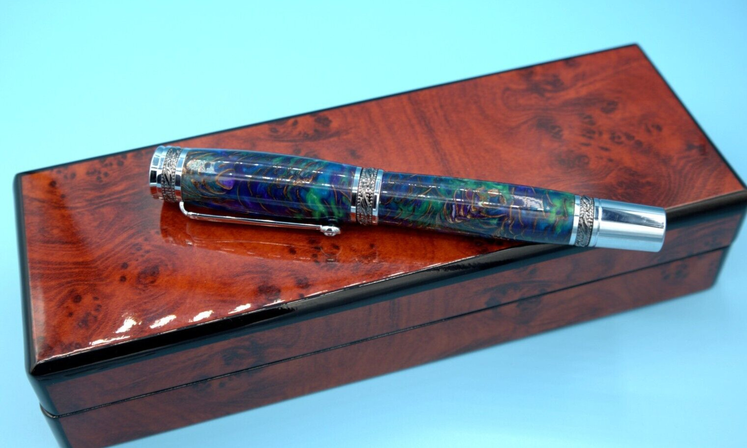 Blue/Green Majestic Rollerball Pen in Chrome & Gun Metal Embedded Pine Cones
