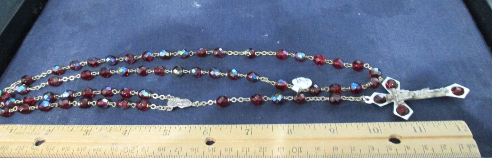 VINTAGE RUBY GLASS/SILVERPLATE ROSARY BEADS