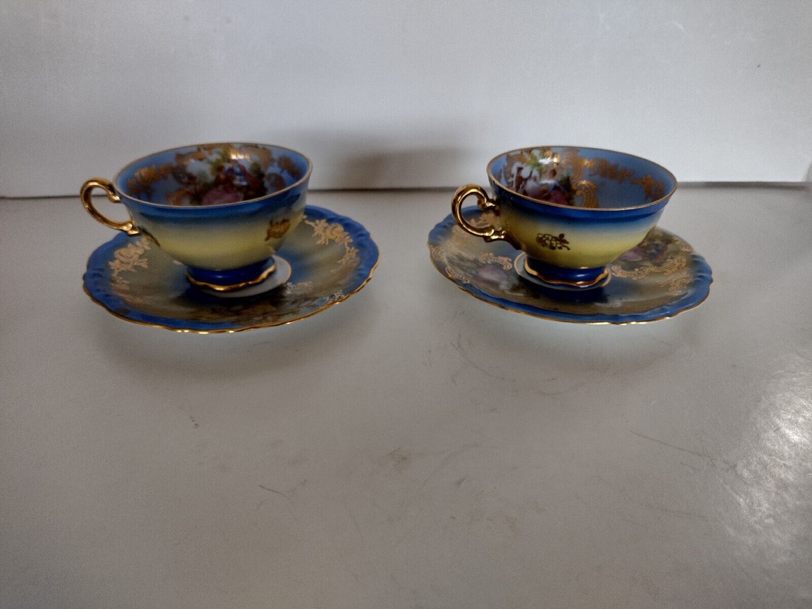 Antq (2)Teacups/Saucers, Gold, Scenic, 1910s, C.T., Hutschenreuther, Dresden