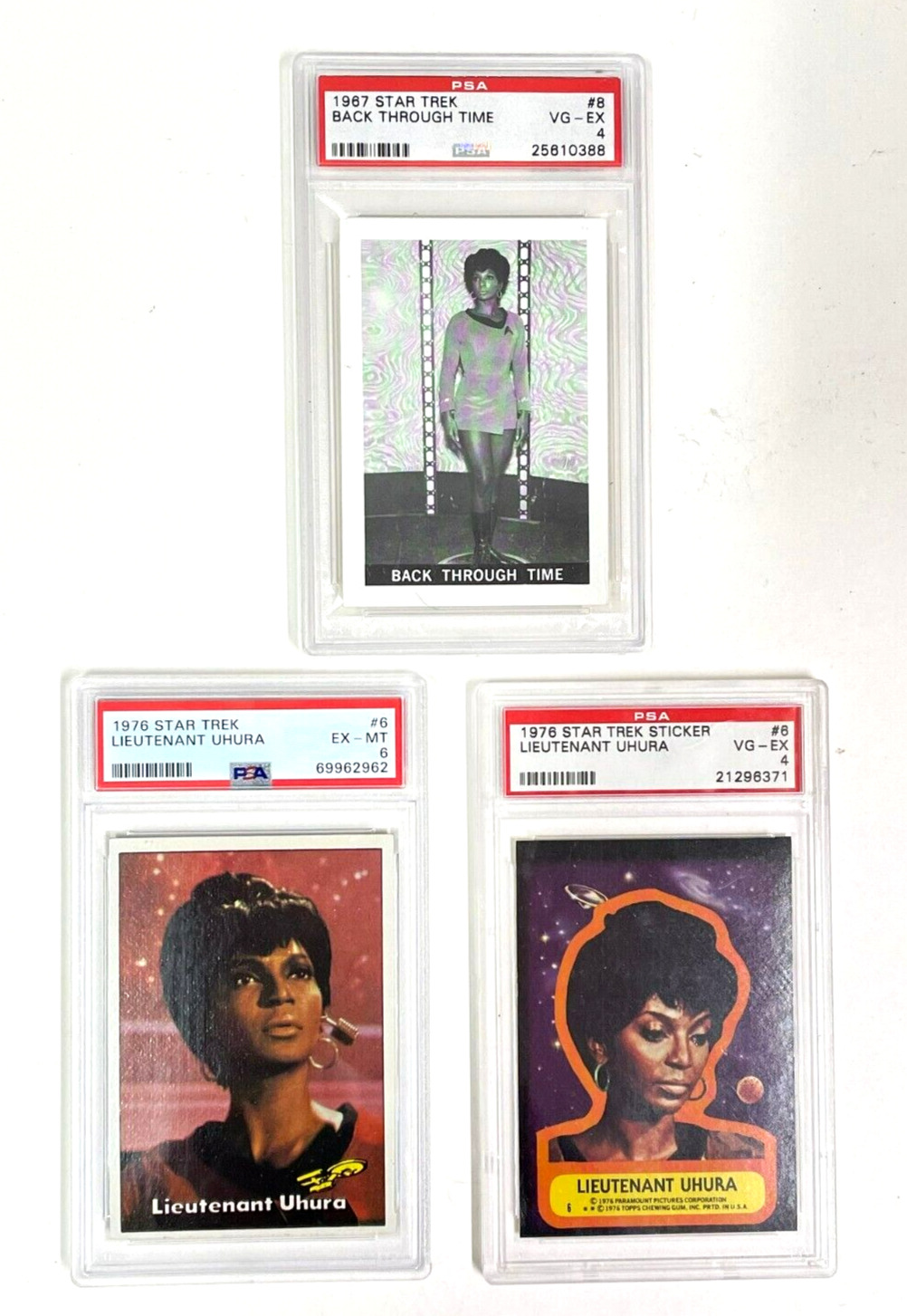 Vintage Star Trek PSA set: Uhura 1976 Topps #6 Card, #6 Sticker, 1967 Leaf #8 RC
