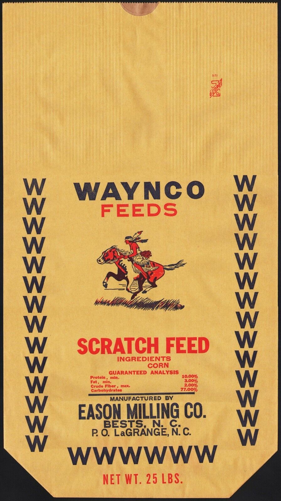 Vintage bag WAYNCO SCRATCH FEED indian horse Eason Milling Bests North Carolina