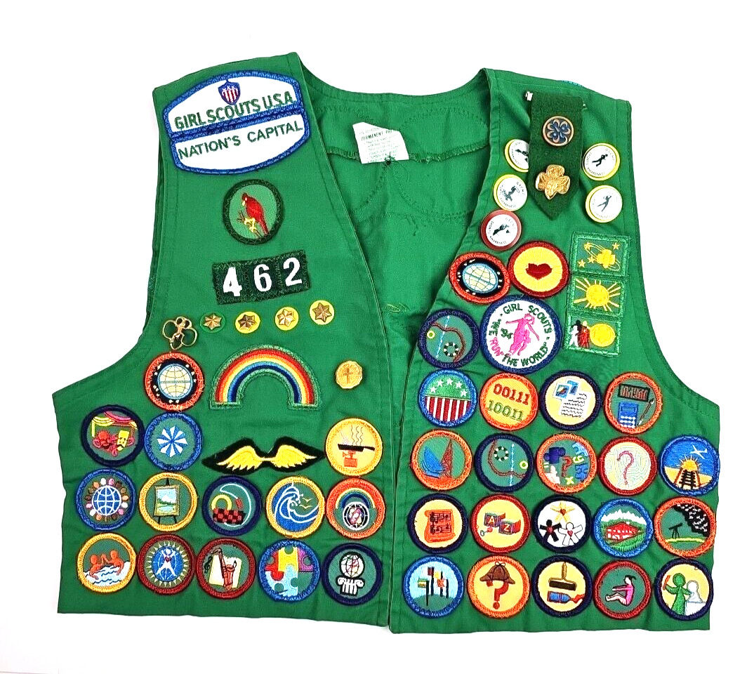 Vintage Girl Scouts Green Vest Uniform Pins and Patches Front n Back Medium Size