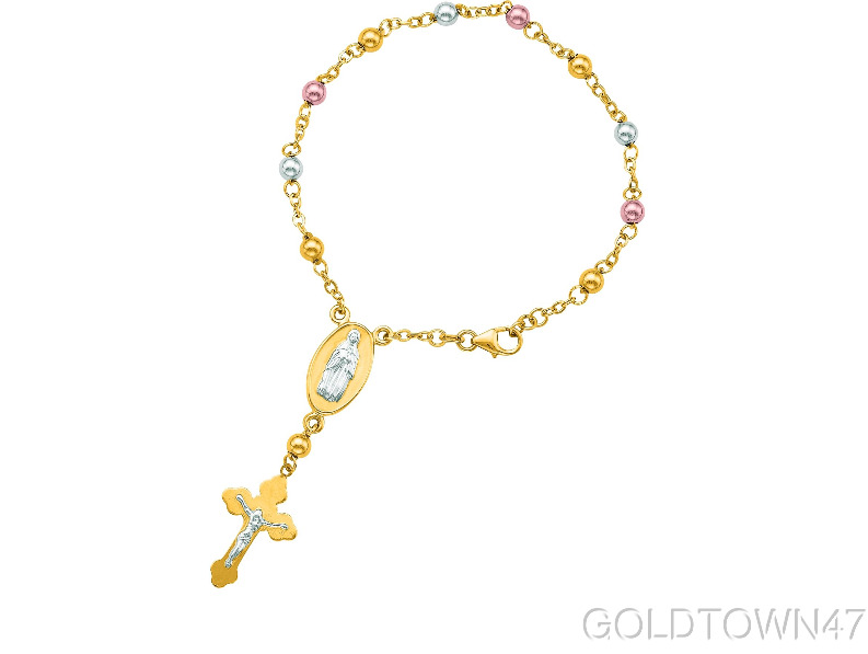 14K Yellow+White+Rose Gold Shiny Cable Chain+Bead+Cross Bracelet
