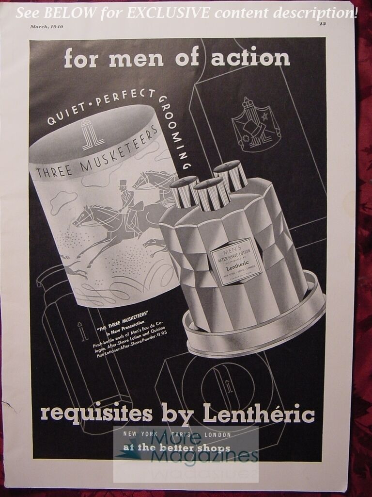 Lentheric Colognes Three Musketeers After Shave 1940 ad WWII Era