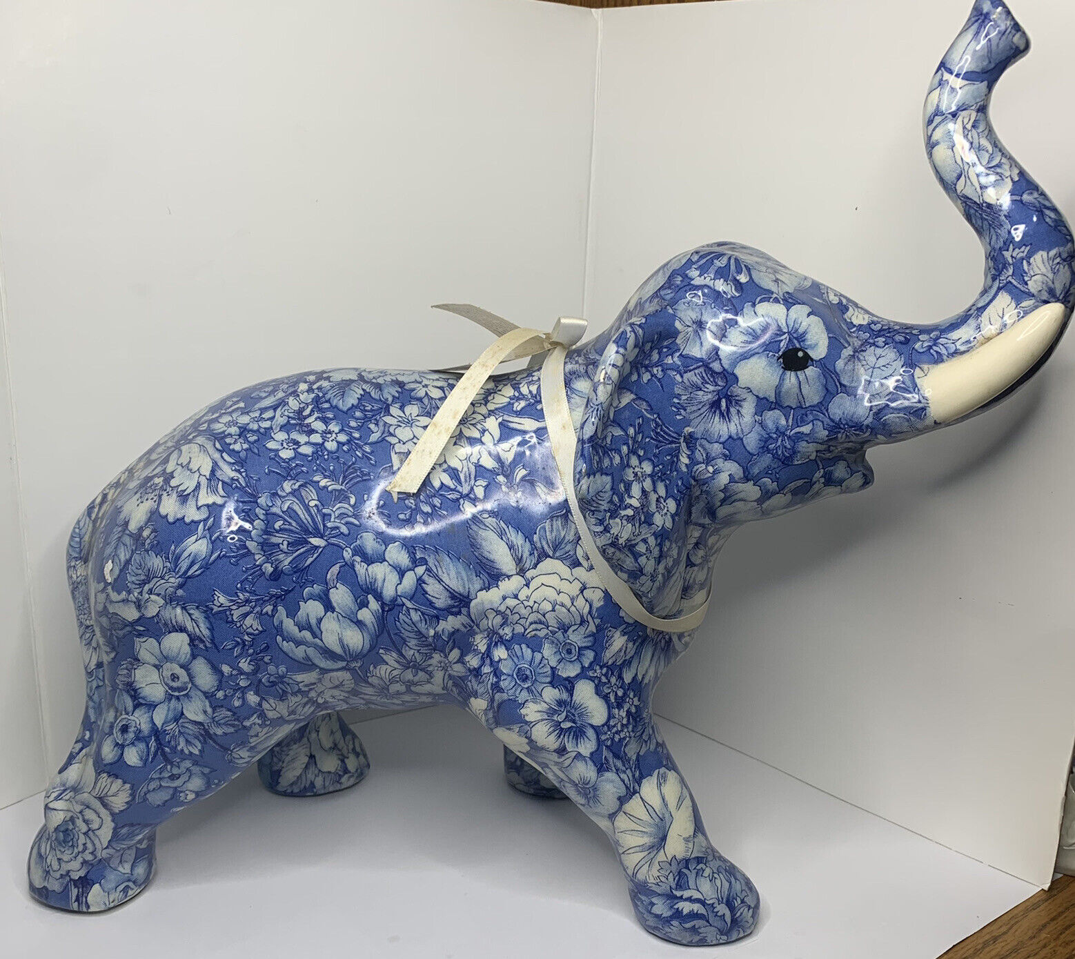 Porcelain Patchworks Joan Baker Design Blue &White Floral Elephant Figurine