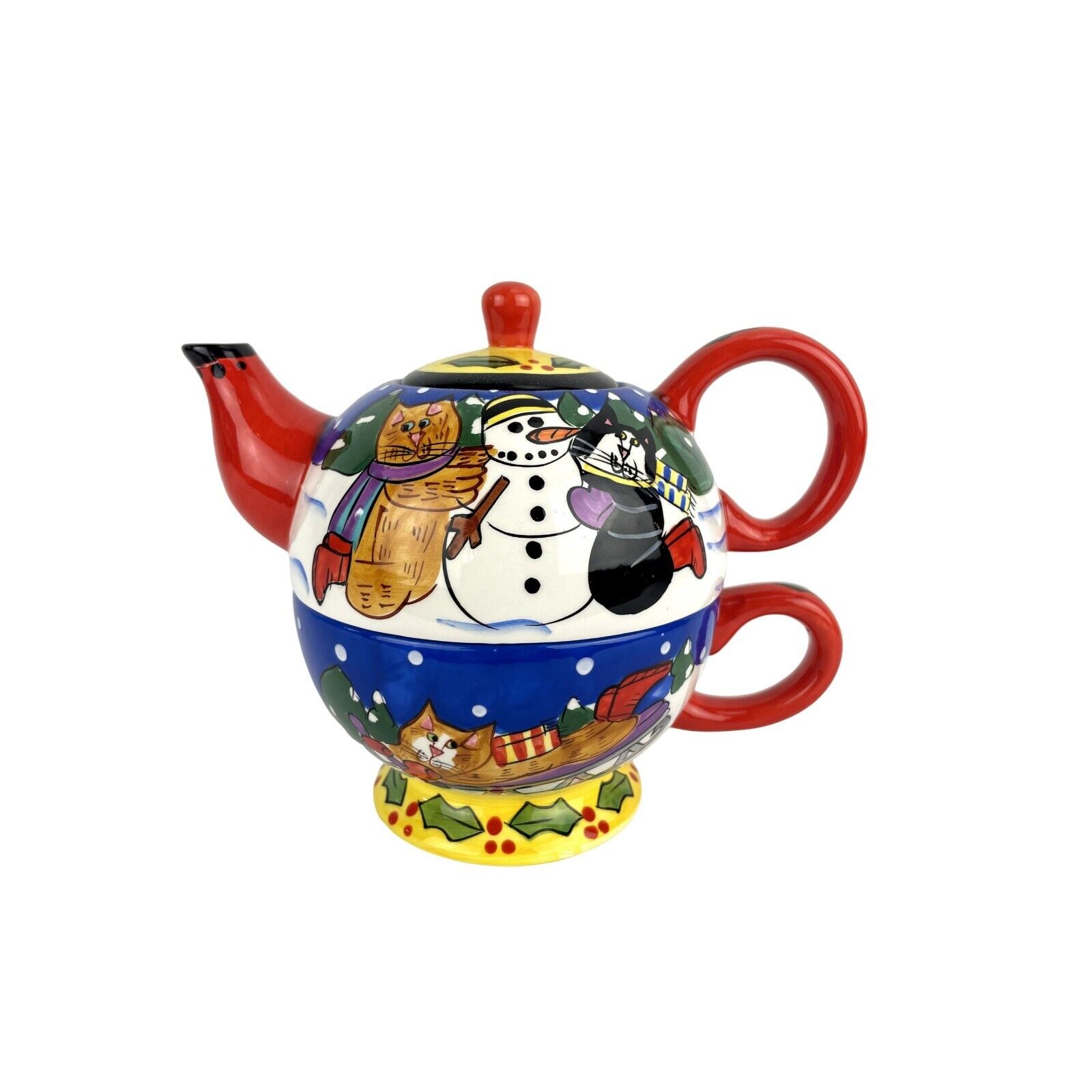 Catzilla Red Ceramic Teapot Christmas Cats Building Snowman Candace Reiter 2001