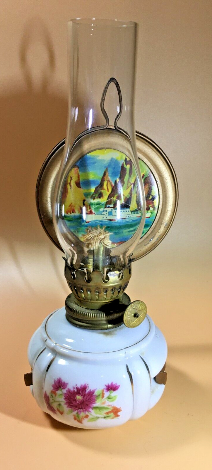 Vtg Floral Porcelain Miniature OIL LAMP, Chimney, Wick & Reflector- Ship / Boat