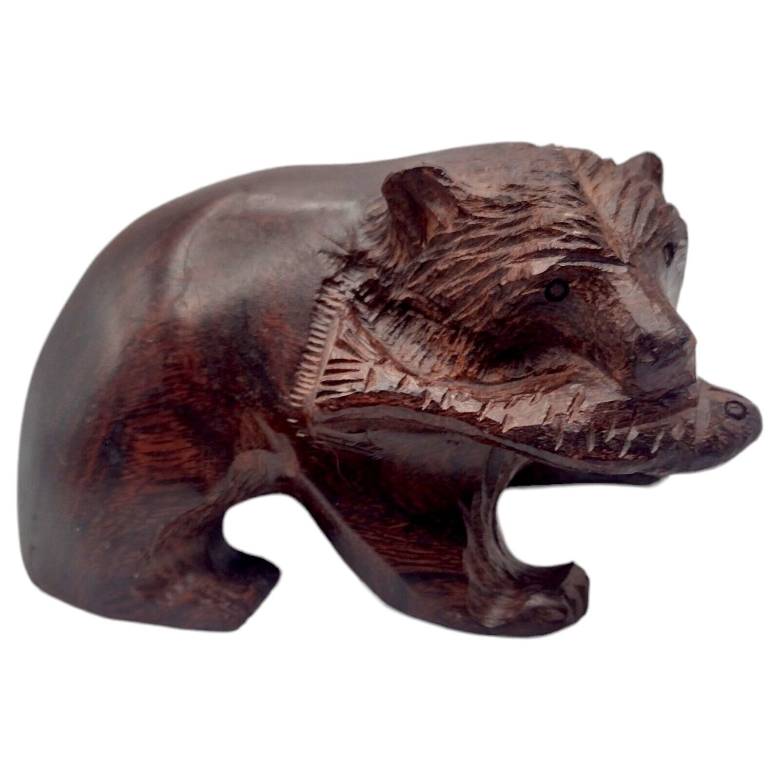Vintage Hand Carved Ironwood Grizzly Bear With Fish Figurine Dark Wood 4”