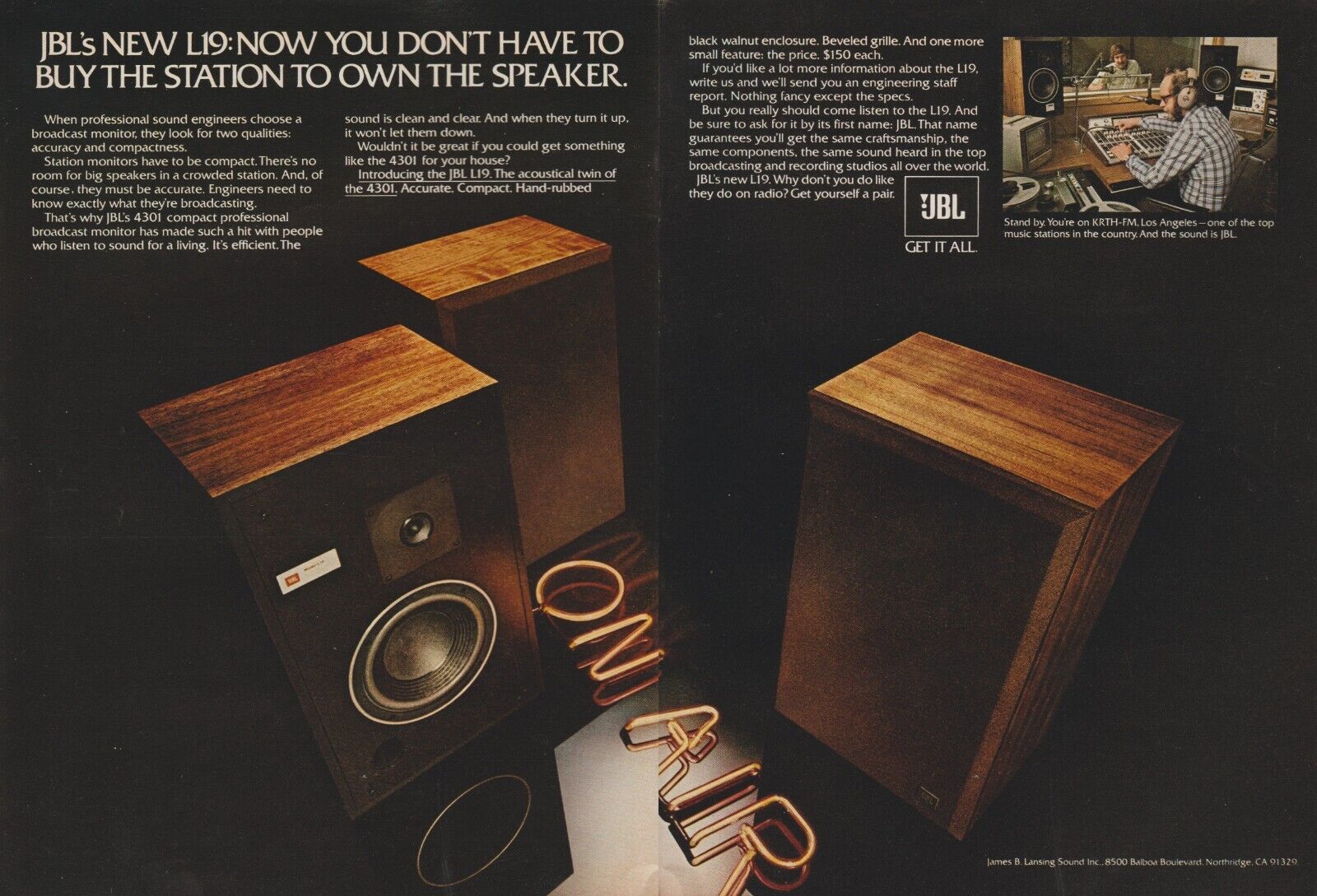 1978 JBL L19 Stereo Speakers - KRTH-FM Radio Station L.A.- 2 Page Print Ad Photo