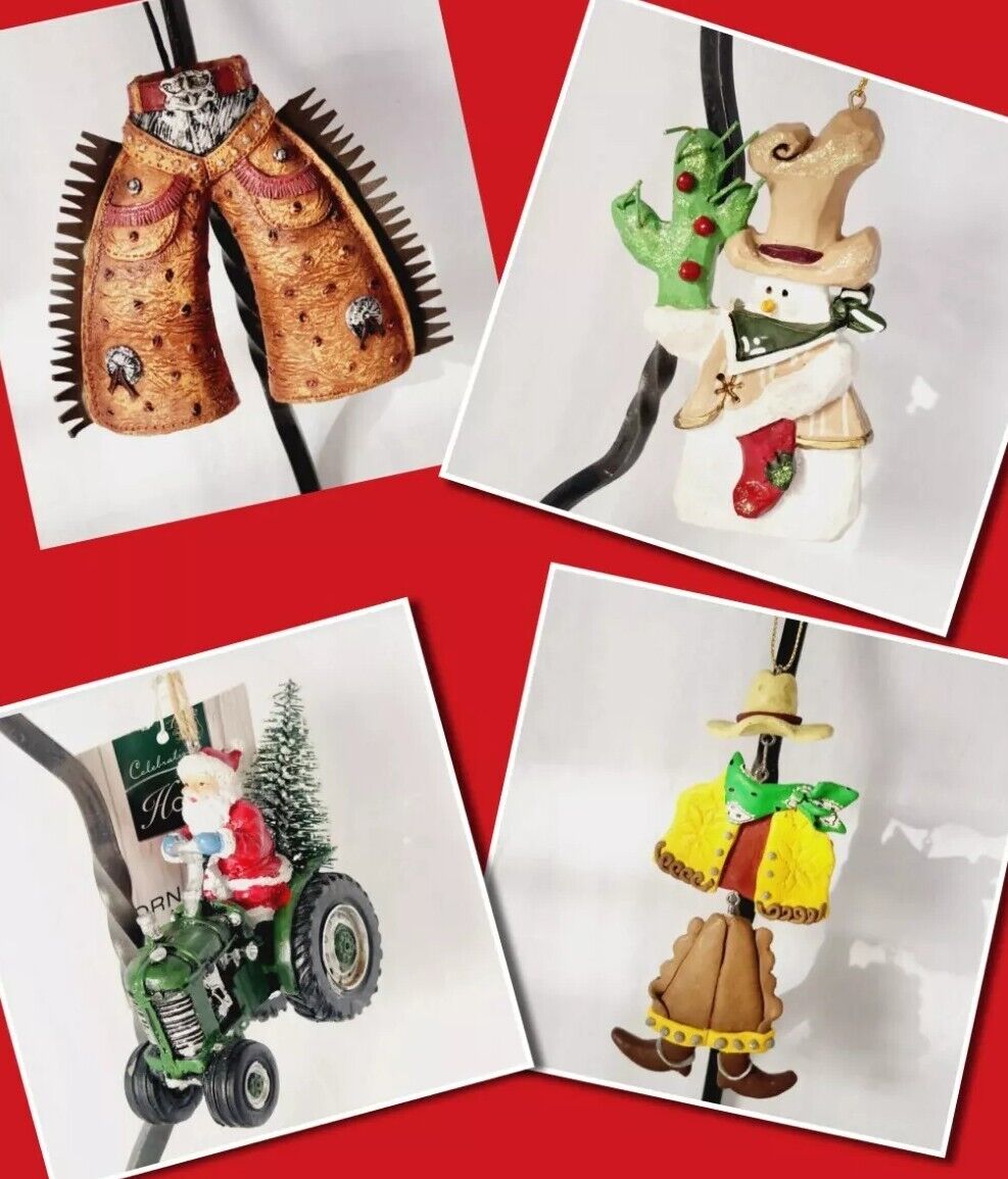 Lot Of 8 Western Christmas Ornaments Kurt Adler Snowman Chaps Santa on Tractor