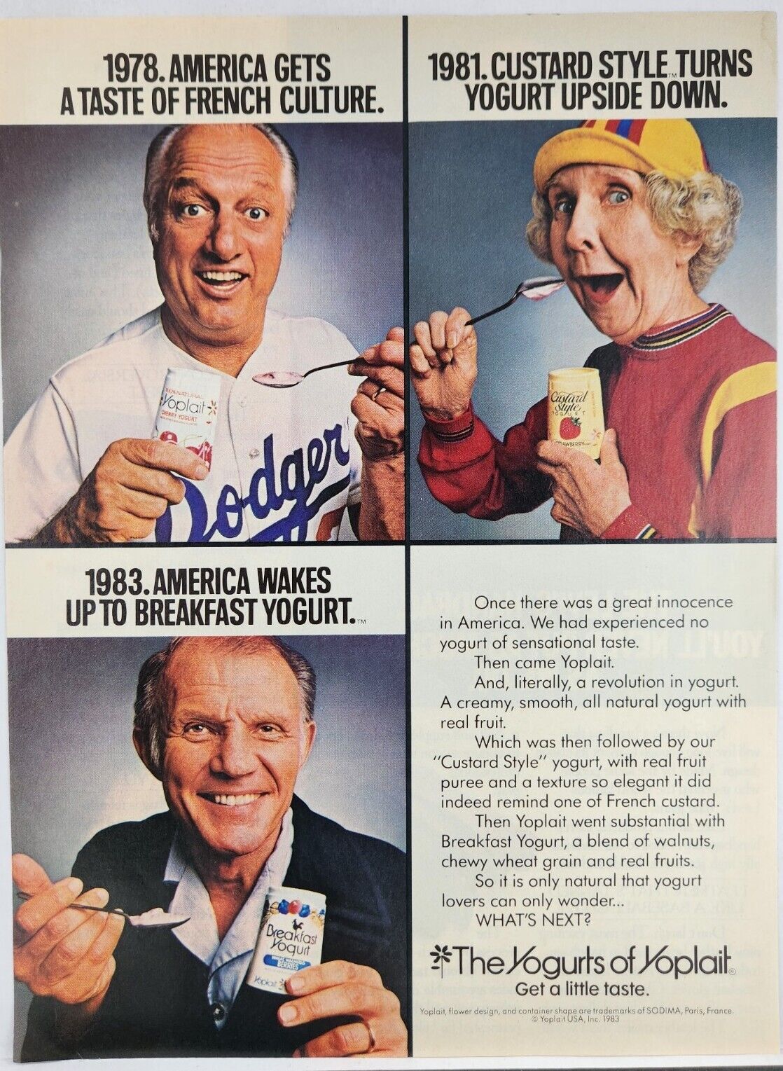 1983 Yoplait Yogurt Tommy Lasorda LA Dodgers Print Ad Man Cave Poster Art  80's