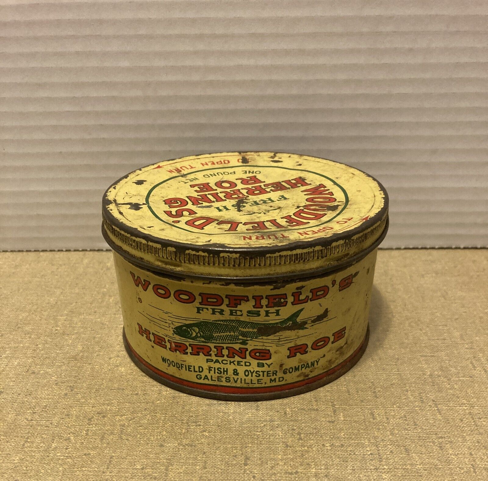 Vintage Woodfield\'s Herring Roe 1 lb Tin Can Screw Top
