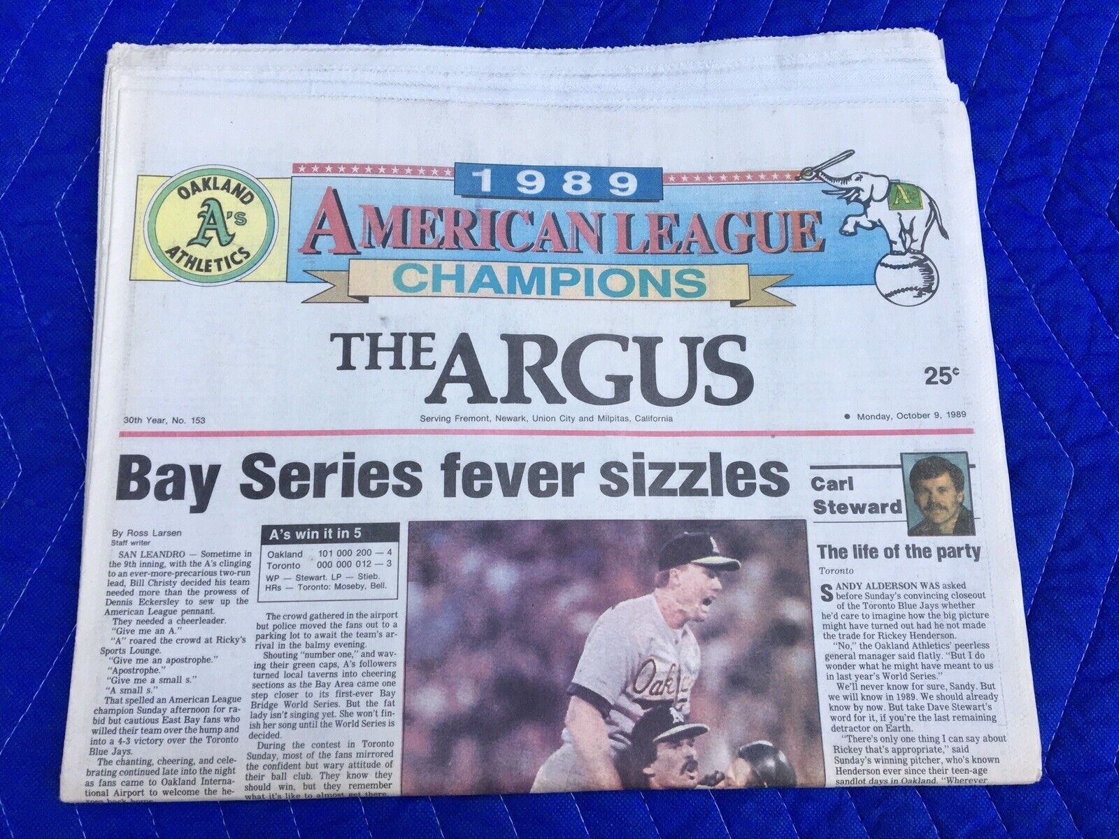 1989 A.L. CHAMPS A'S OAKLAND MARK McGWIRE COMPLETE NEWSPAPER OCTOBER 9 1989 