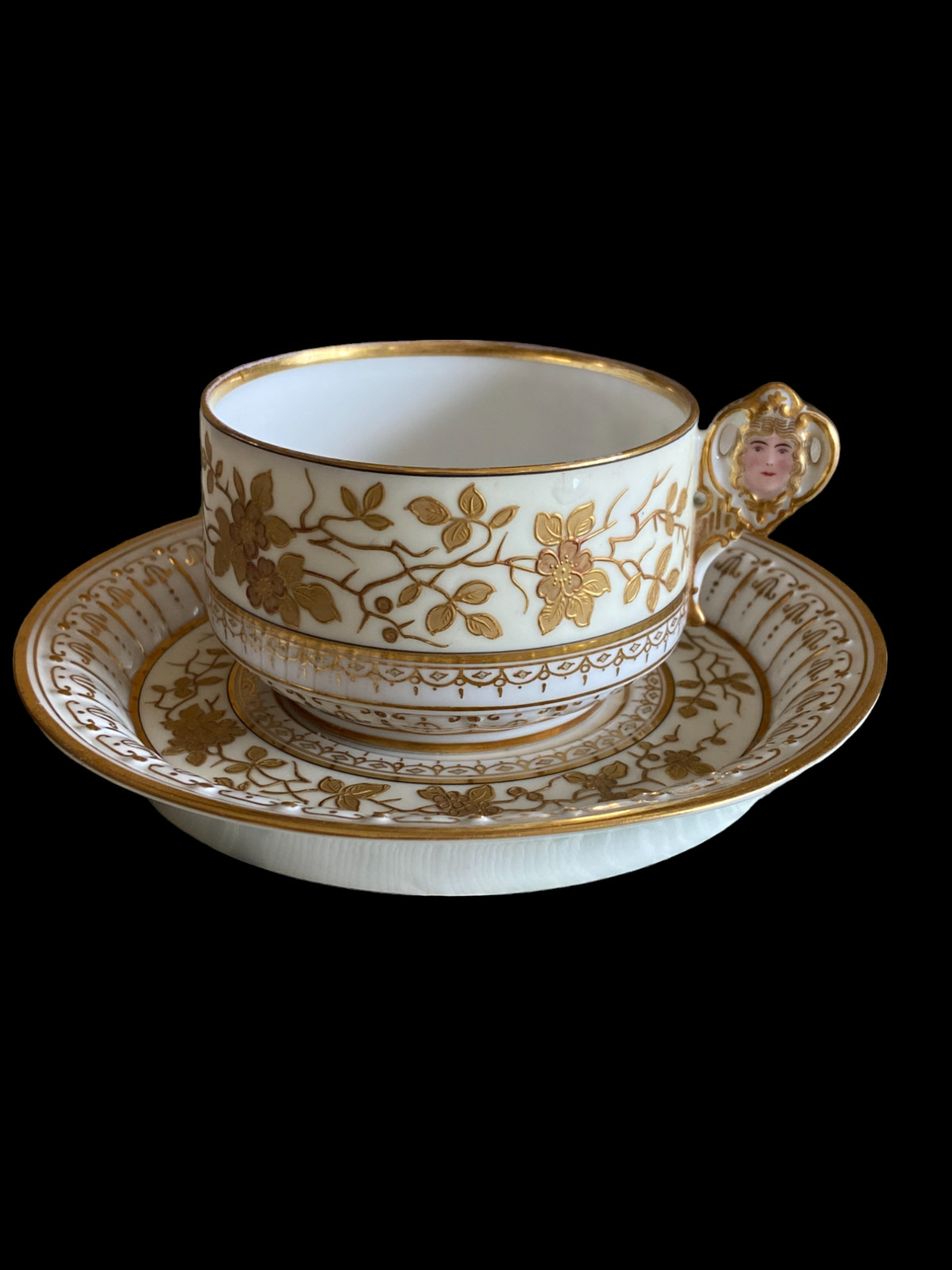Exquisite Rare antique 1850 figural teacup and saucer Ernst Wahliss, Vienna 24kt