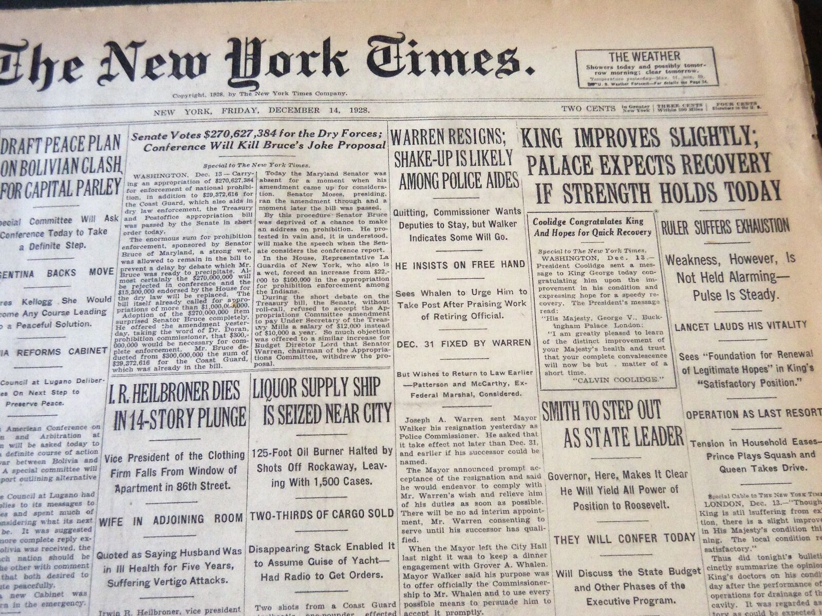 1928 DEC 14 NEW YORK TIMES - KING IMPROVES SLIGHTLY PALACE RECOVERY - NT 6522