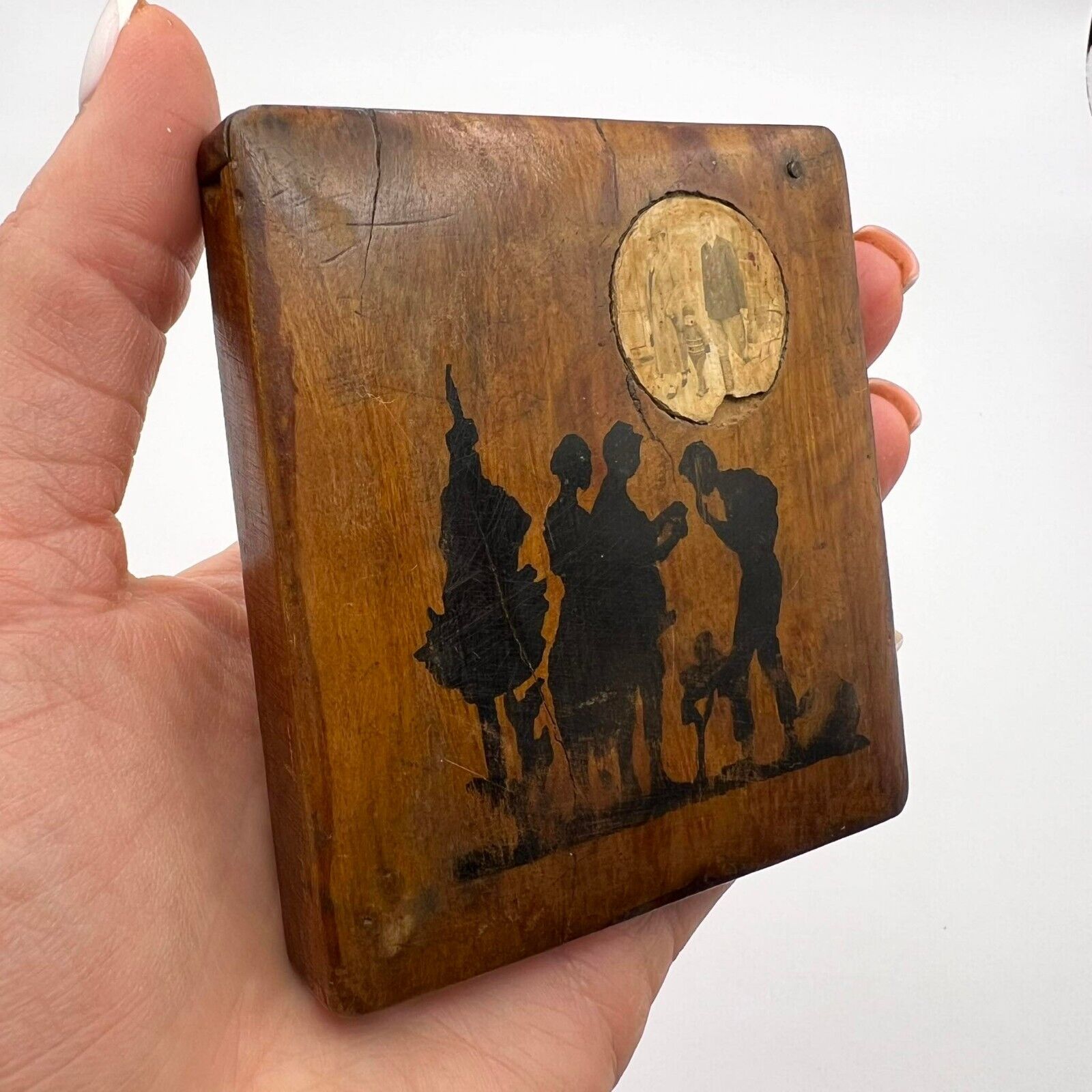 Antique Men\'s Cigarette Case Box Wood Handmade Tobacciana 1900s Smokers Souvenir