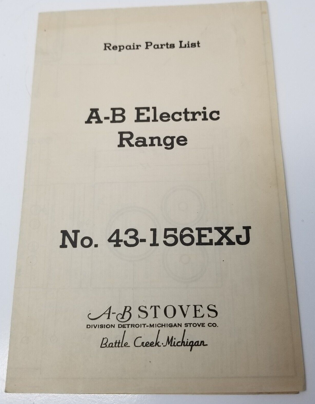 A-B Stoves 43-156EXJ Repair Parts List Schematic Diagram 1950 Detroit
