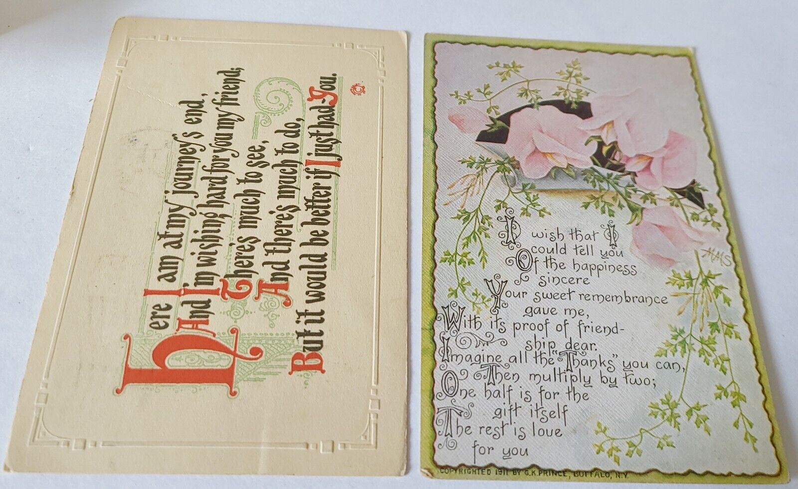 2 Antique Greetings Postcards Embossed Roses