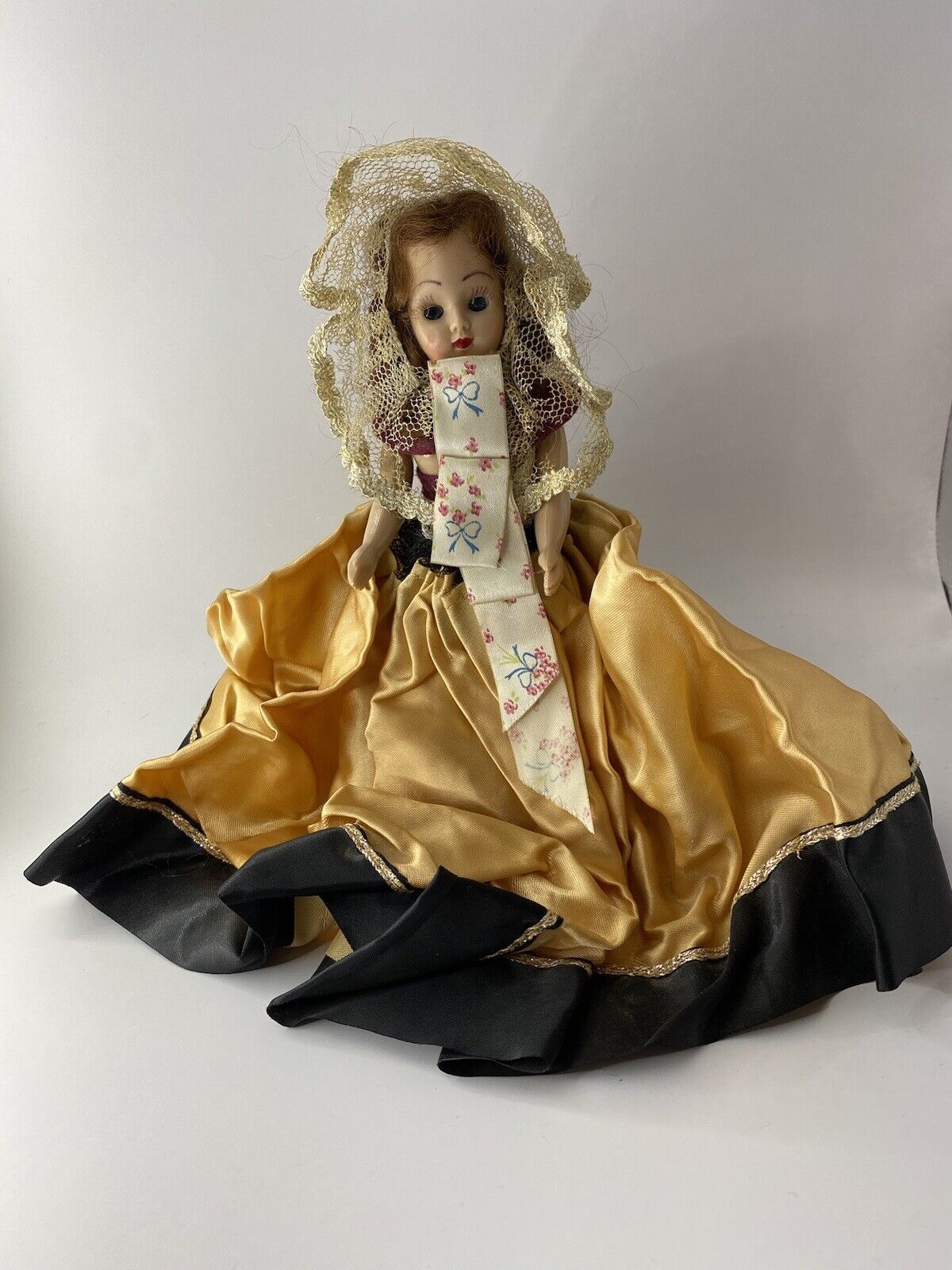 Vintage 1950s Hard Plastic Virga Doll Dress With Lace 7” Red Hair Sleepy Eyes