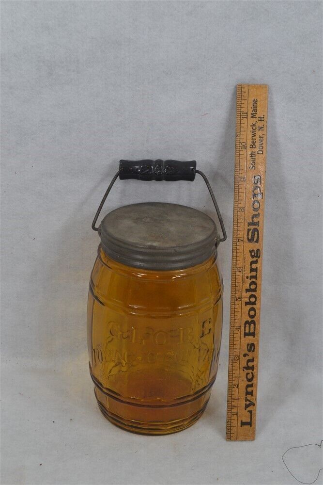 antique Globe Tobacco Company yellow honey/amber glass jar lid & bail original 
