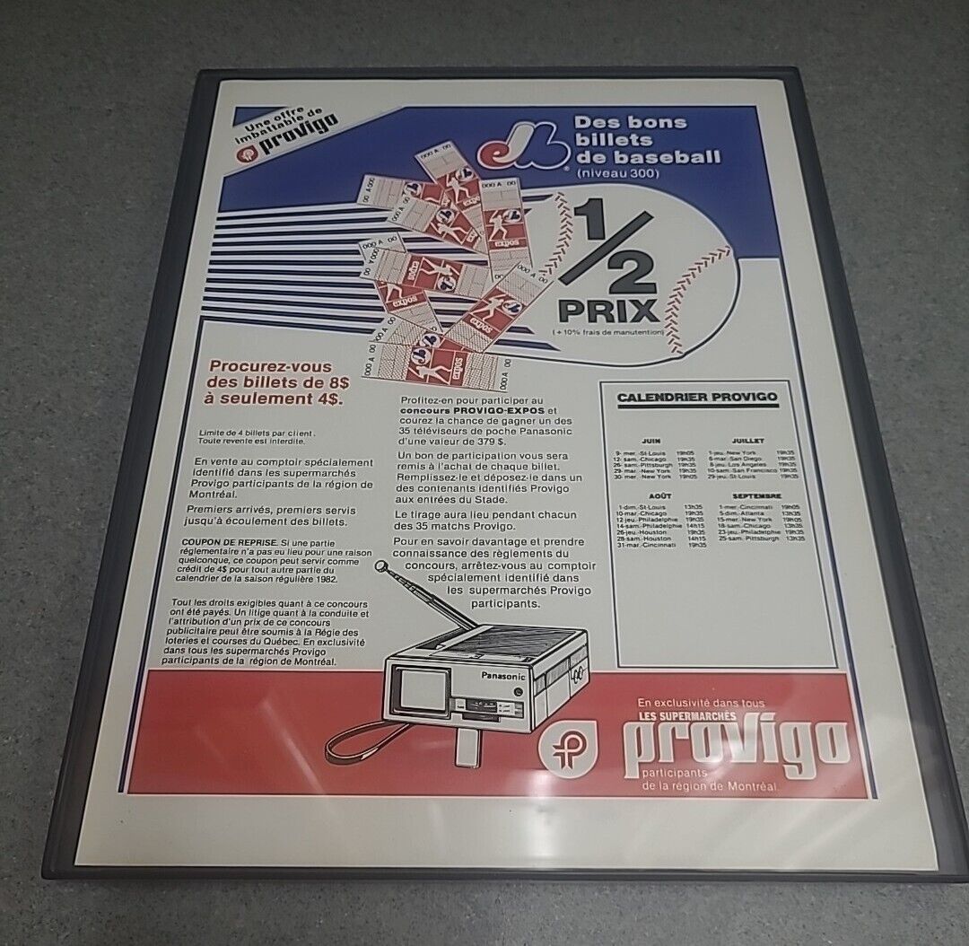 Provigo Montreal Expos French Canadian 1982 Print Ad Framed 8.5x11 