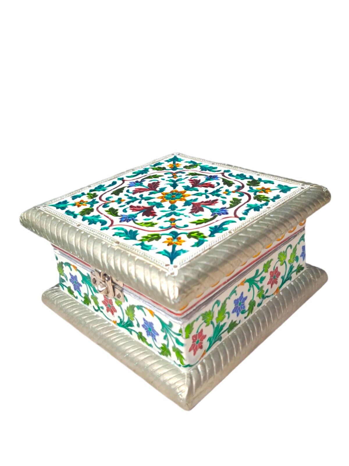 Vintage Enamel Embellished Wood Jewelry Keepsake Box~Multi Jewel Colors~India 