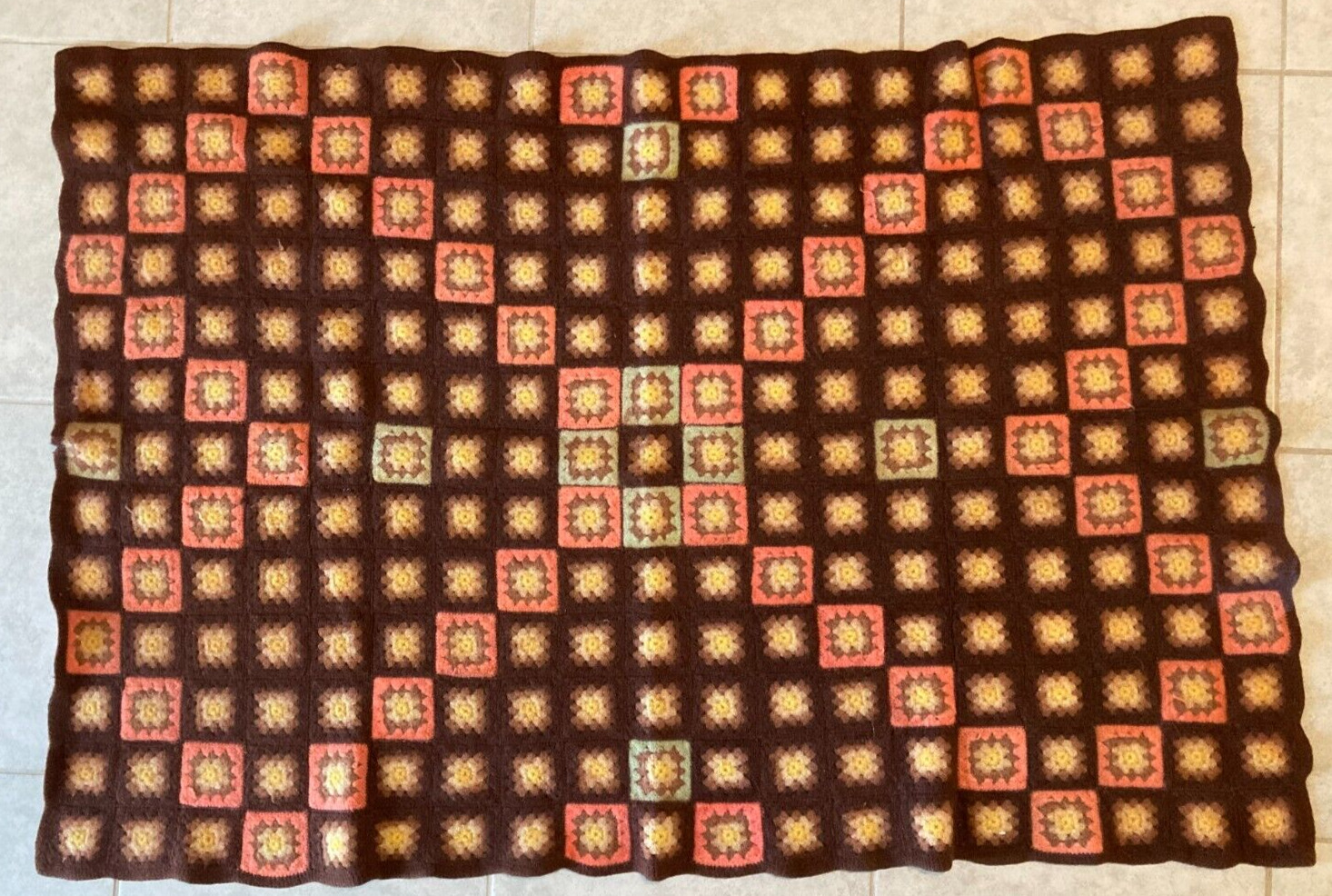 Vintage Quilt Grandmothers Patch Yarn crochet Handmade Cottage Farmhouse Earth