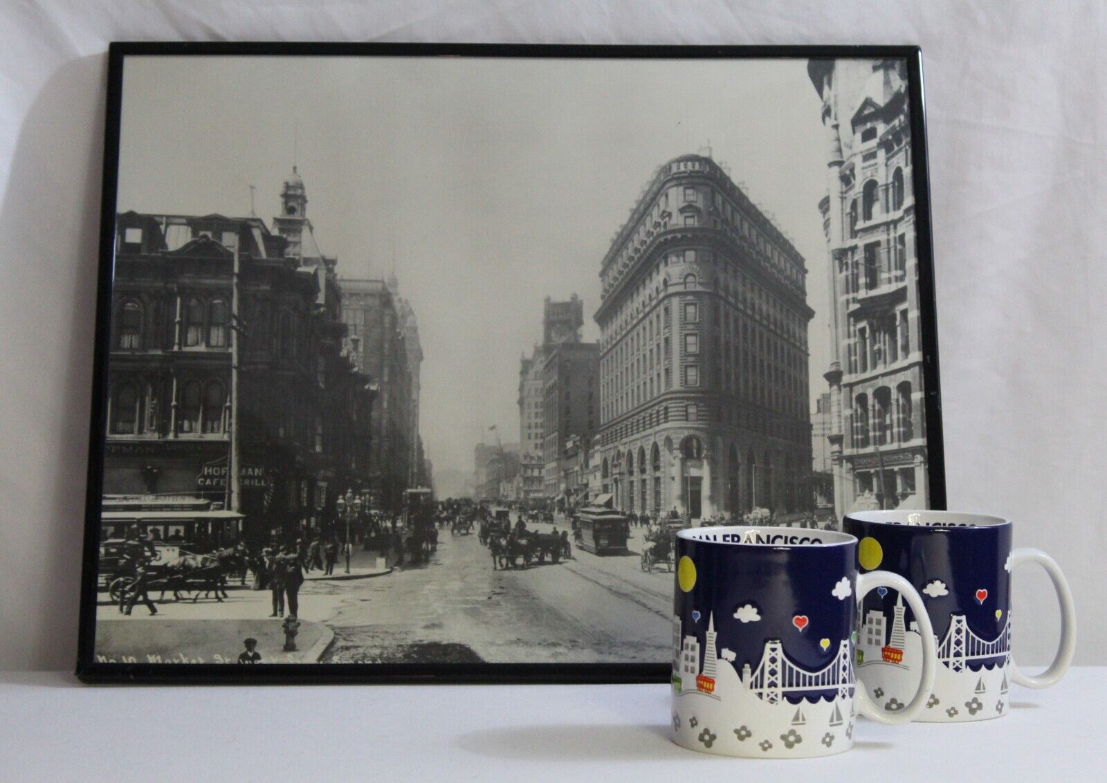 Vintage San Francisco Framed Black White Photograph Print 2 Coffee Mugs Lot of 3