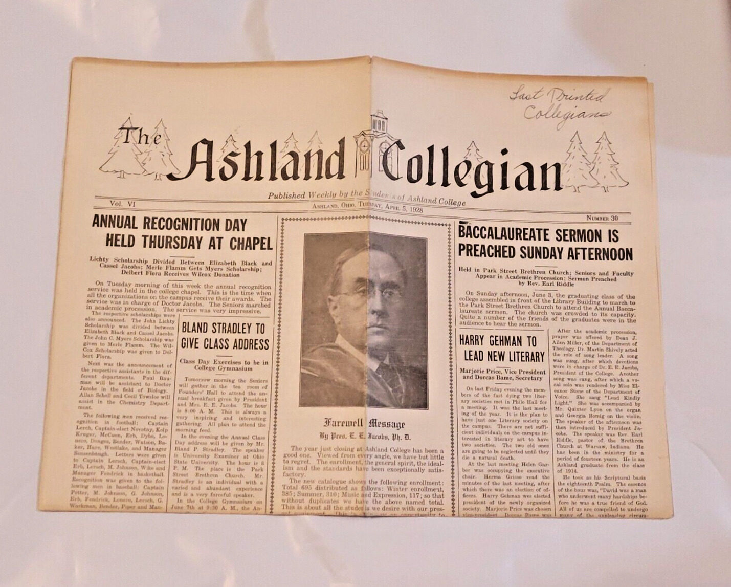 April 1928 Collegian Student Newspaper Ashland College Ohio Volume VI Number 30