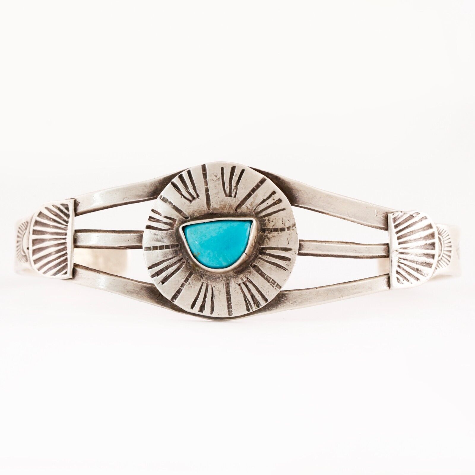 EARLY NATIVE AMERICAN STERLING TURQUOISE STAMP ORANGE PEEL CUFF BRACELET 6.75