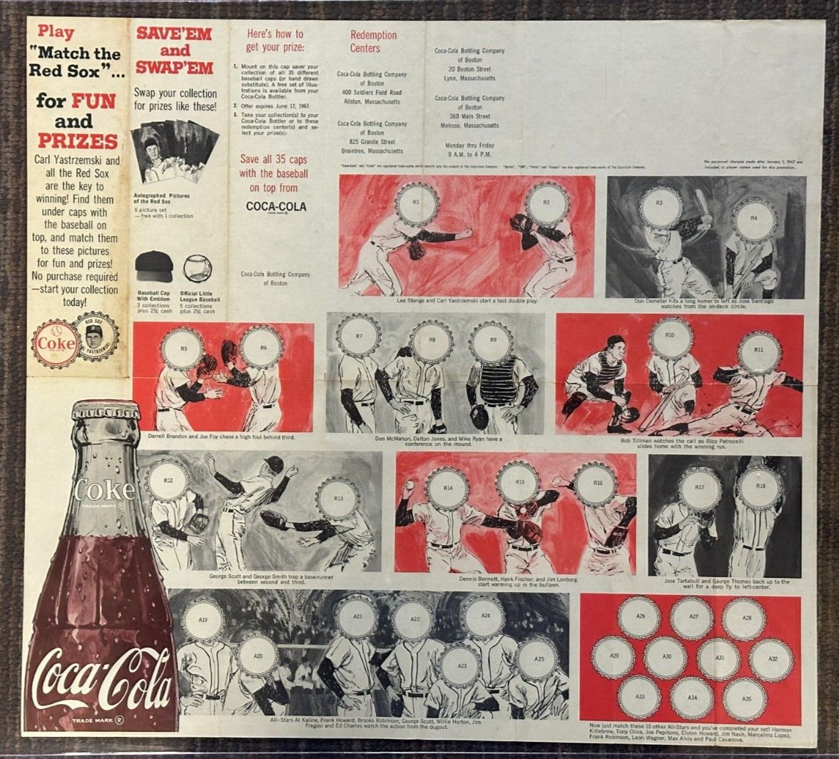 1967 Baseball Coke and Sprite Red Sox/All Stars Bottle Caps Display Sheet