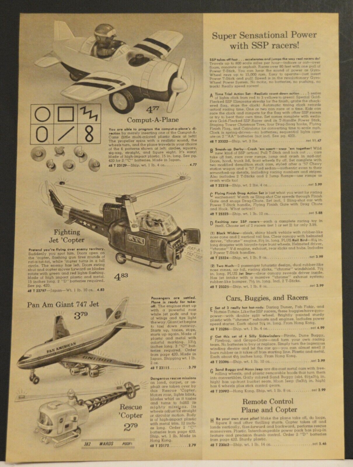 1971 Catalog Ad SSP Racer Pan Am Jet Rescue Copter Comput a Plane Remote Control