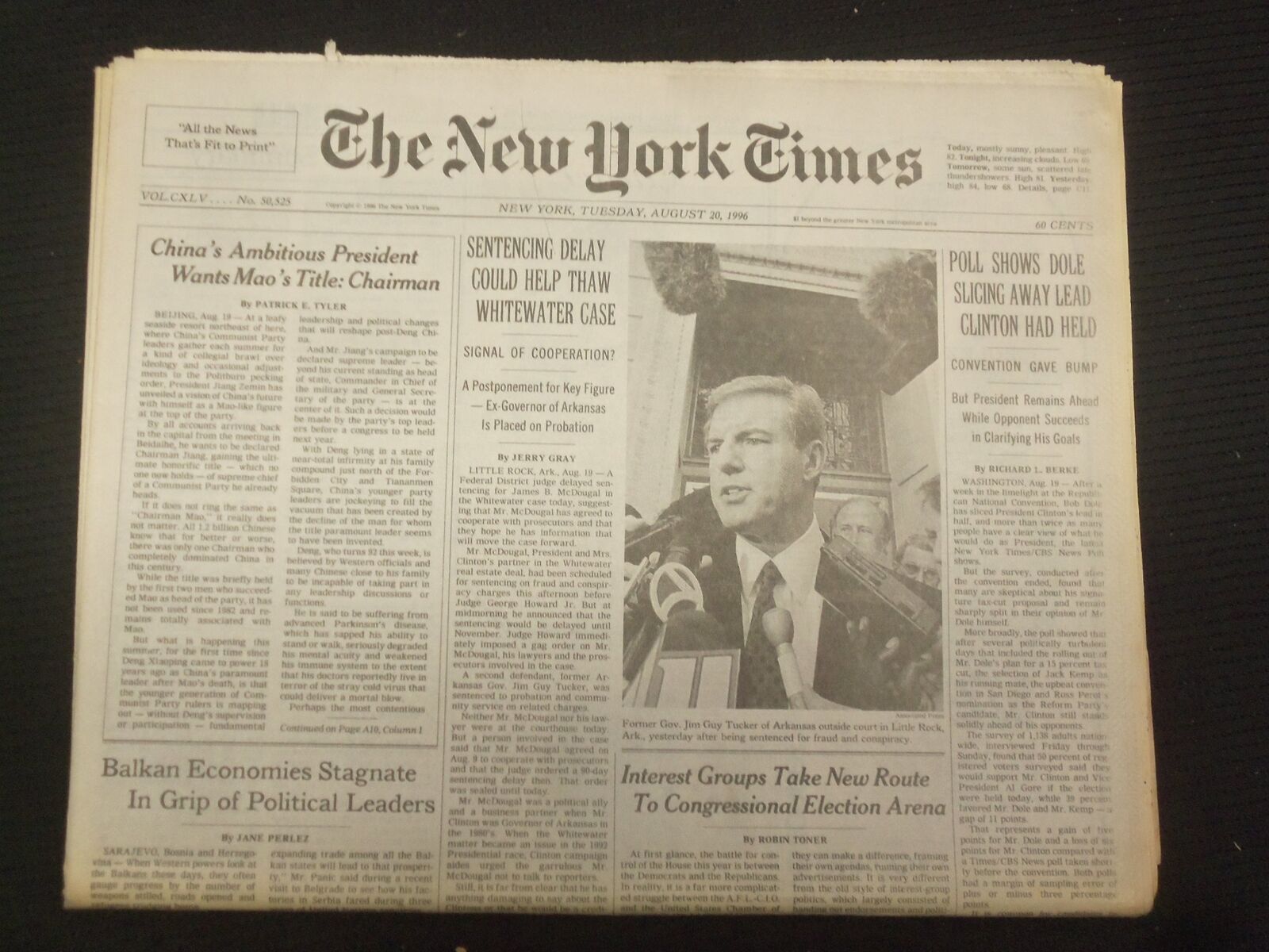 1996 AUG 20 NEW YORK TIMES NEWSPAPER -SENTENCING DELAY THAW WHITEWATER - NP 7031