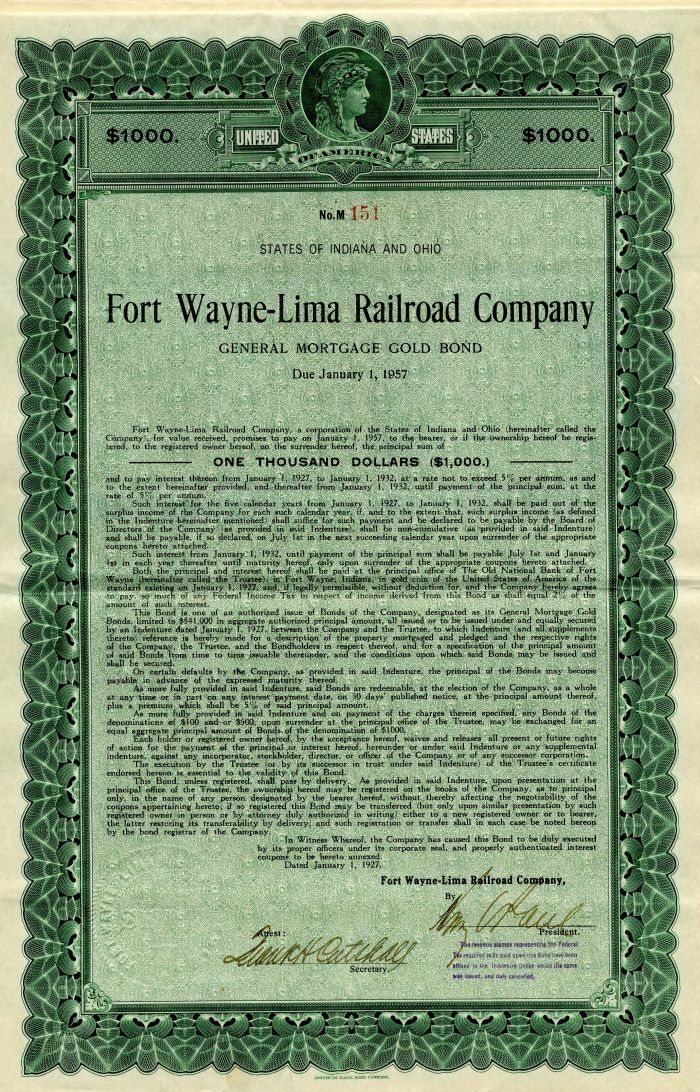 Fort Wayne-Lima Railroad Co. - $1,000 or $500 Bond - Railroad Bonds