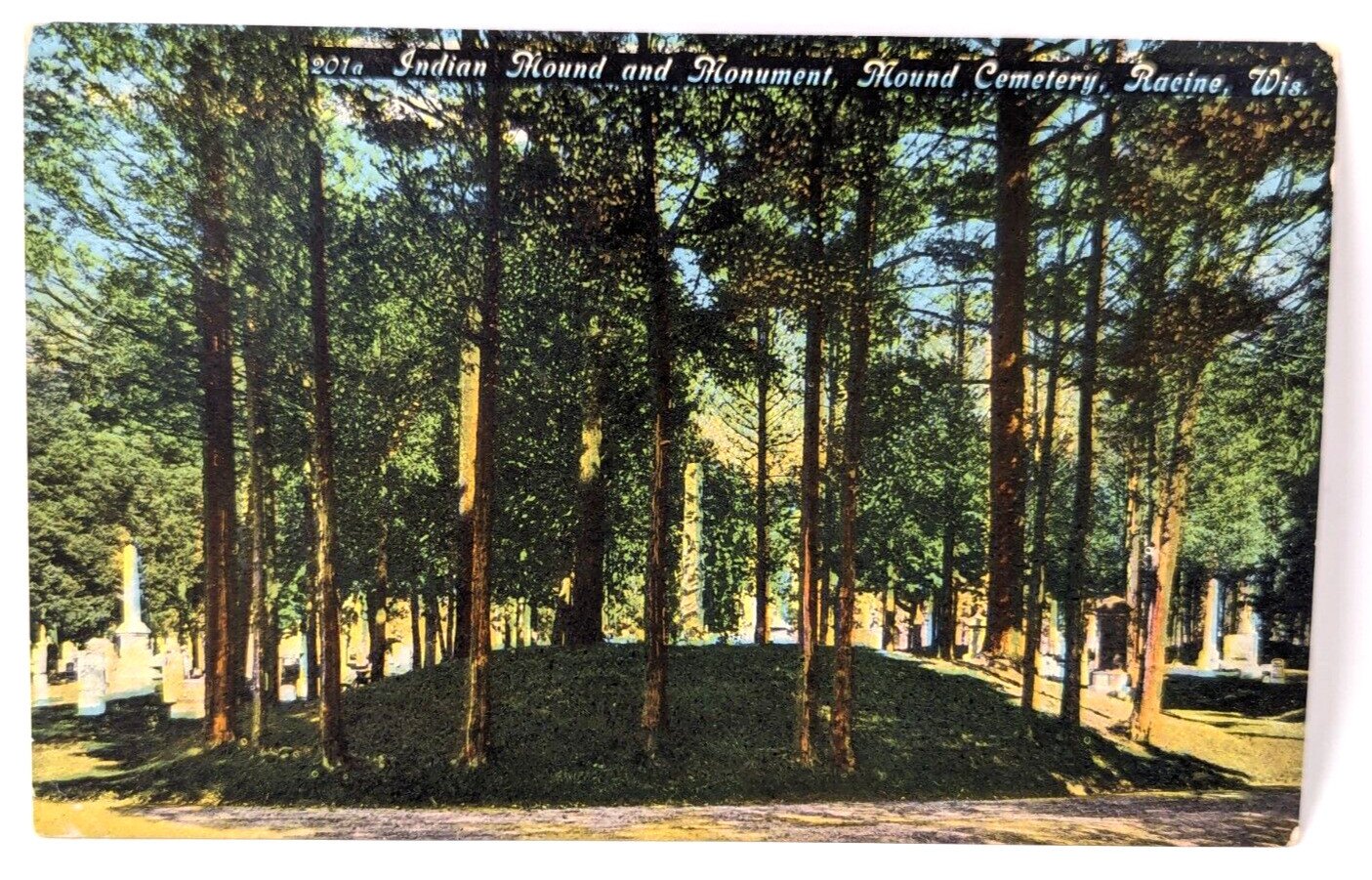 Antique Bishop Indian Mound and Monument Cemetery Racine Wisconsin Postcard A24