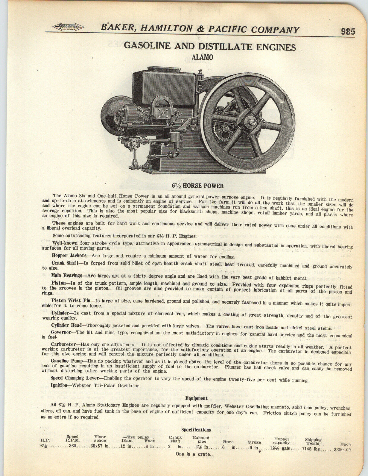 1923 PAPER AD Alamo Gas Gasoline Hit & Miss Engine 9 12 15 6.5 HP Distillate