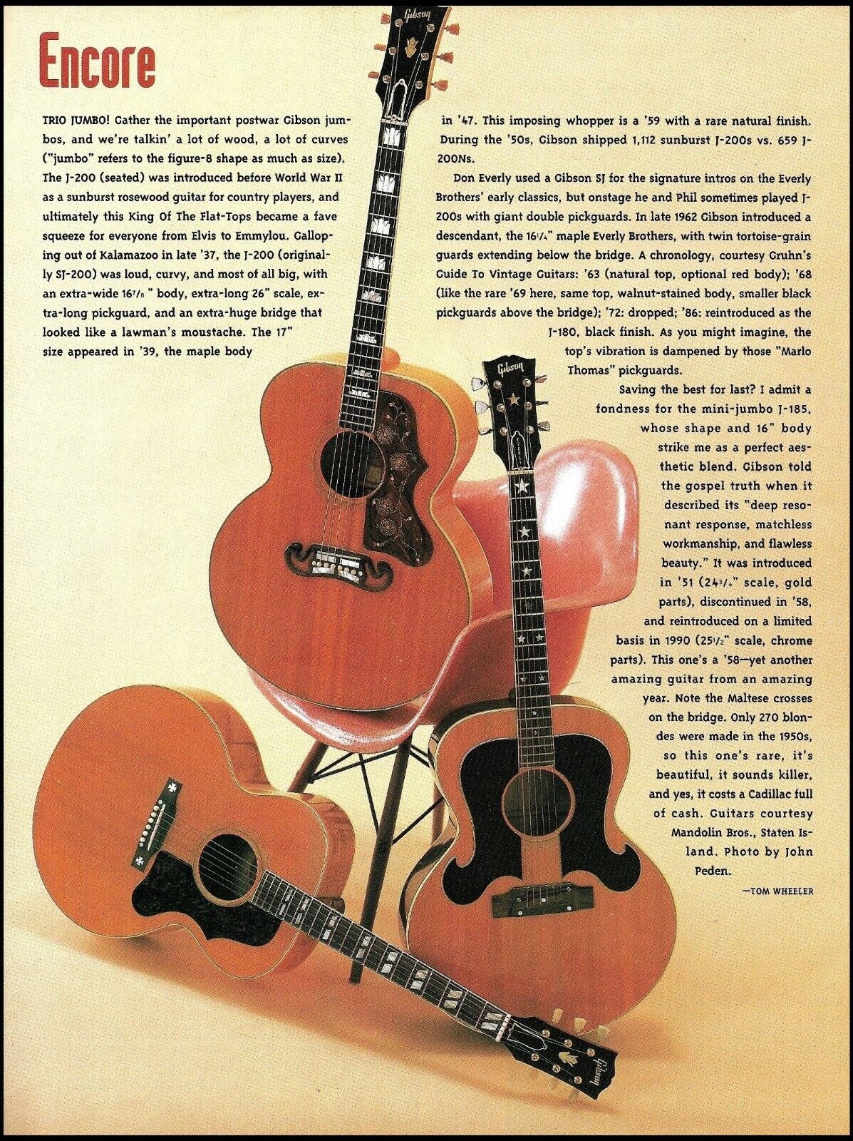 Gibson postwar Jumbo J-200 J-180 J-185 acoustic guitar 1993 pin-up article print