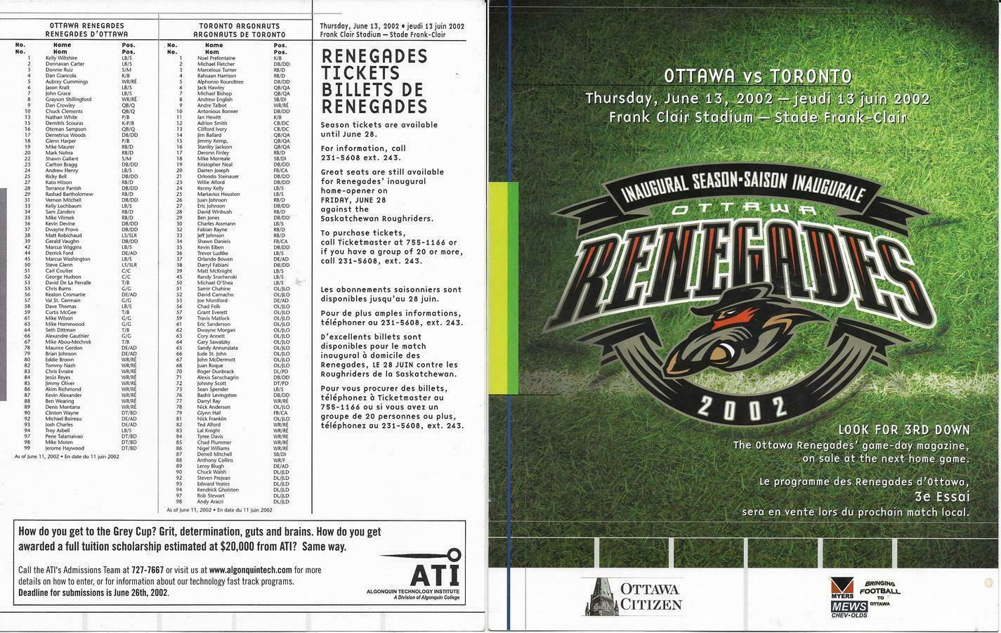 Ottawa Renegades Toronto Argonauts Argos CFL Civic Center 2002 official program