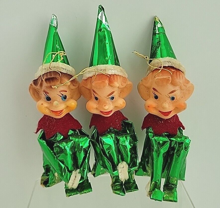 3 VTG Japan Christmas Knee Hugger Pixie Elf Shiny Metallic Suits Green Ornaments