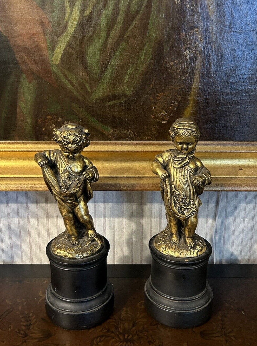 Pair of Beautiful Italian Gold Borghese Figures Statues Young Boy & Girl