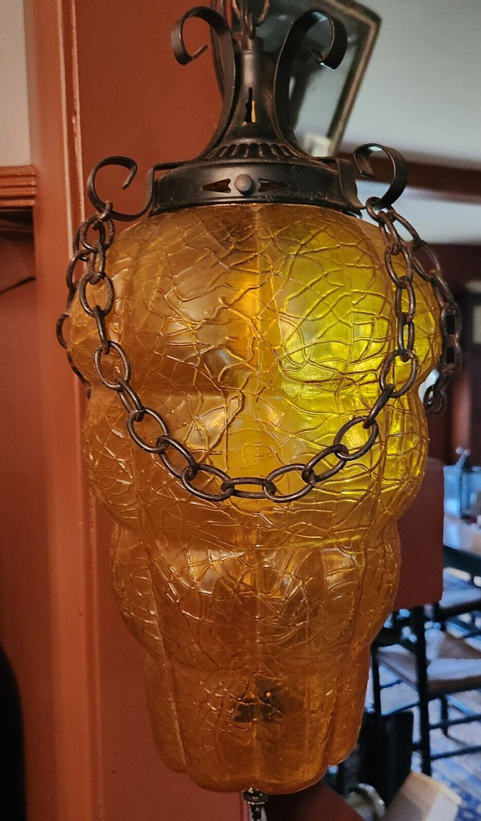 Vintage 1960's- 70's MCM  Amber Crackle Glass Hanging Swag Lamp