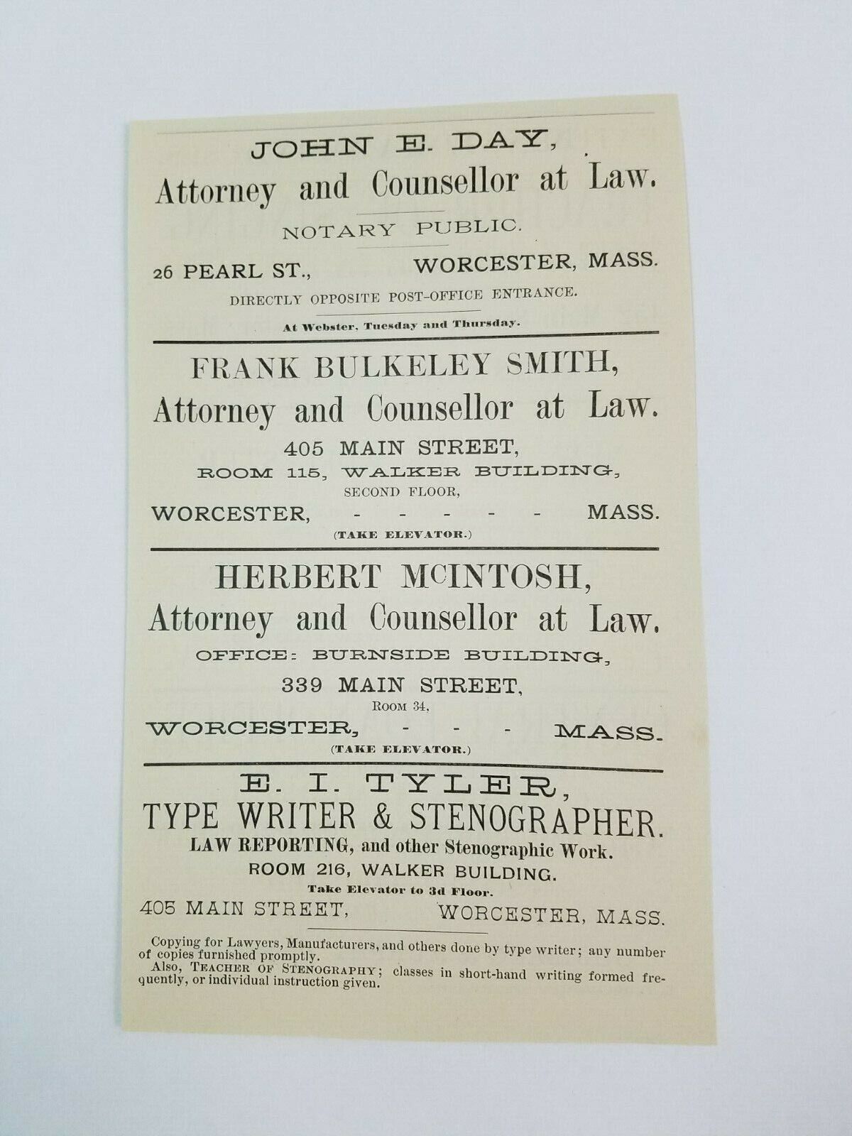1890 Worcester Massachusetts Advertisement Lawyer Frank Smith John Day McIntosh