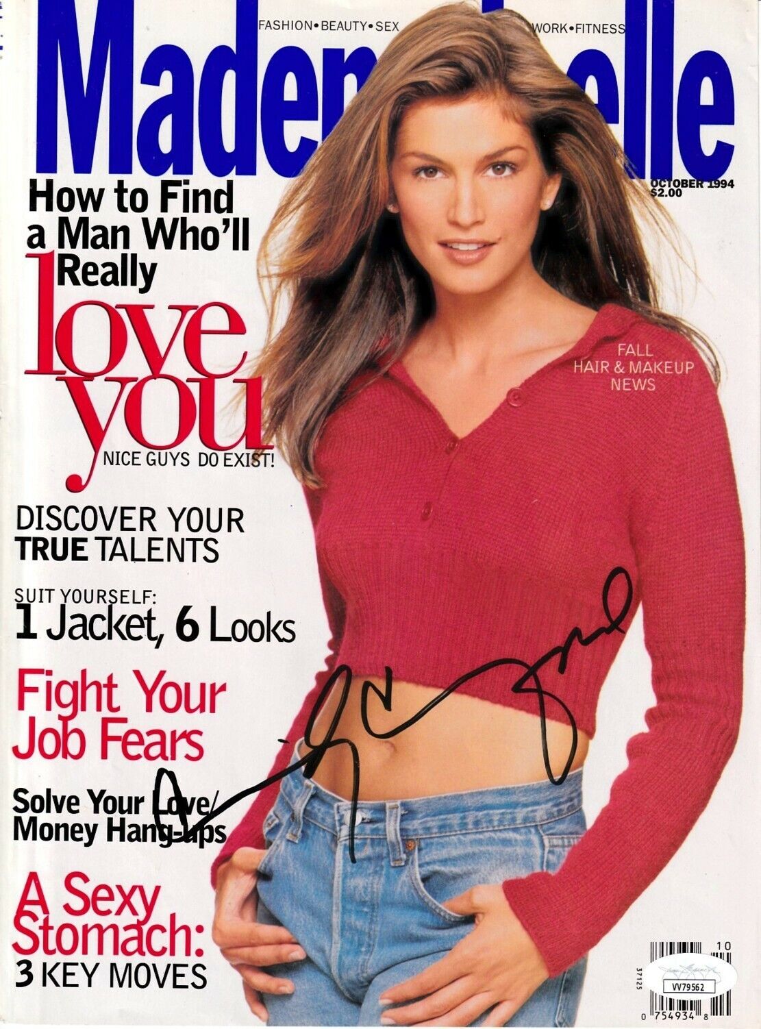 Cindy Crawford autographed signed autograph 1994 Mademoiselle magazine cover JSA