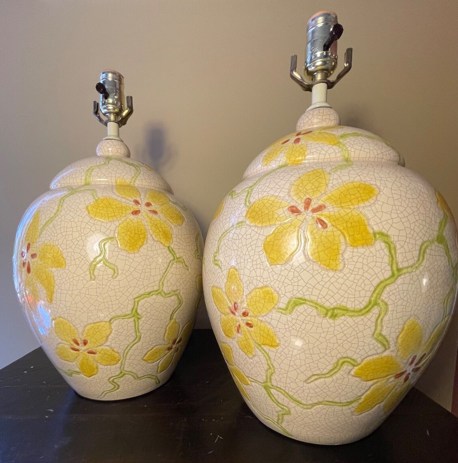 VINTAGE PAIR 1960’S MID-CENTURY HAEGER POTTERY TABLE LAMPS GINGER JAR FLORAL 